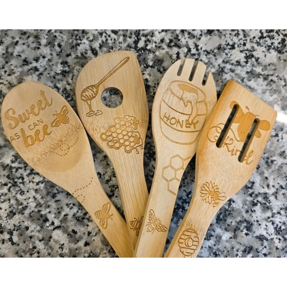 4pc‎ Honey Bee Bamboo Wooden Spoon Set Kitchen Utensils & Dish Towel